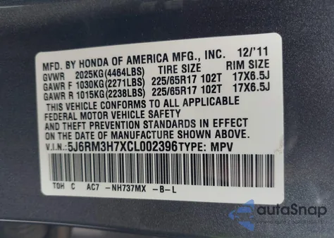 2012 Honda Cr-V Exl z USA, uszkodzony, nr VIN 5J6RM3H7XCL002396